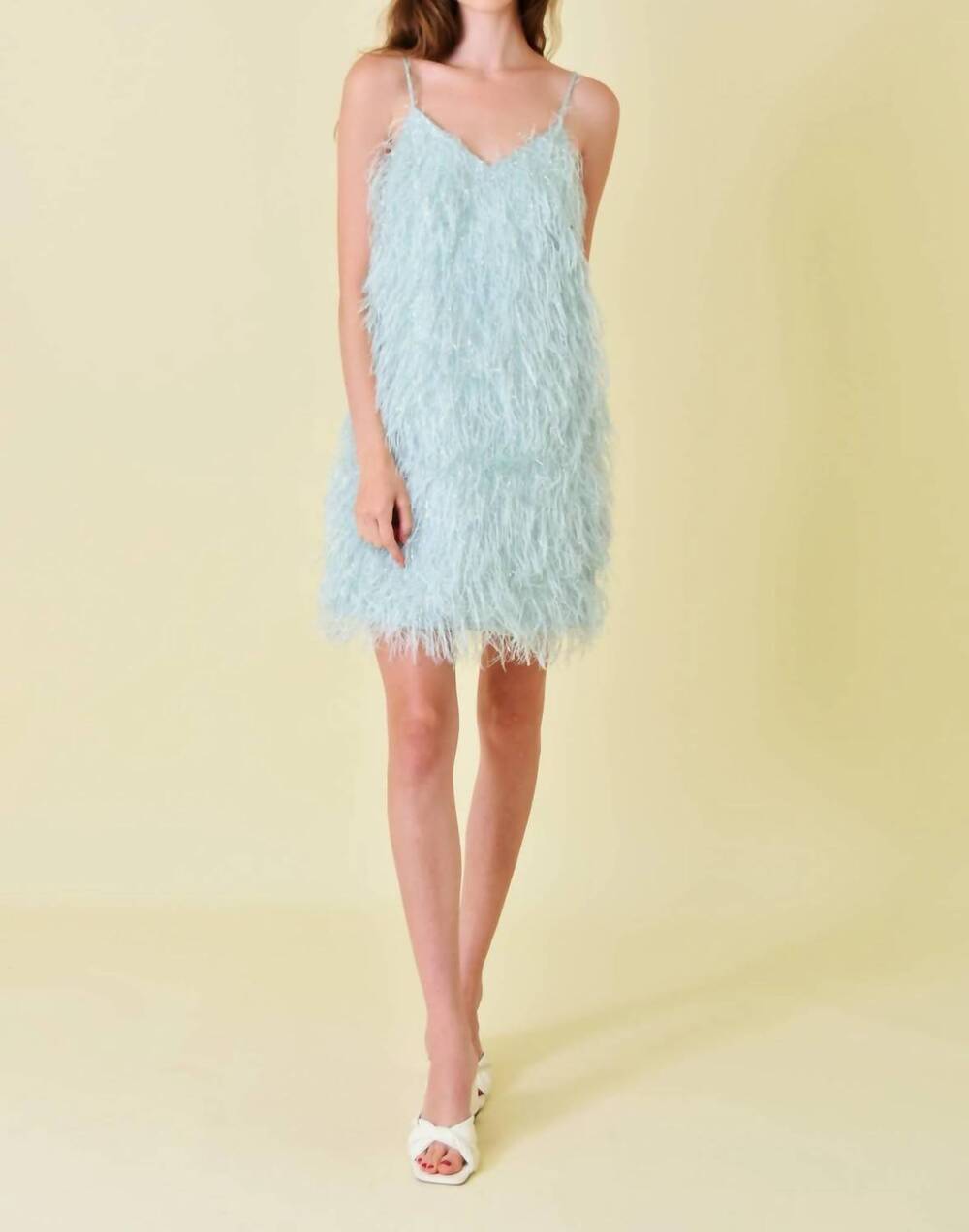 NEW FORE COLLECTION women's celeste feather mini dress in blue